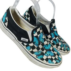 VANS! BLACK & WHITE CHECKERED CANVAS, BLUE BUTTERFLIES SLIP ON SNEAKERS! SZ 8M